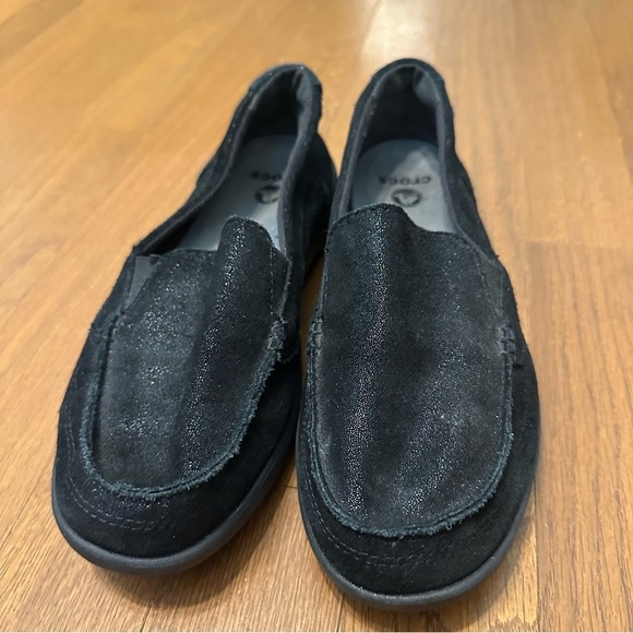 Crocs Faux Leather Black Shimmer Womens Slip On Comfortable Loafers Size 9 - Picture 5 of 9